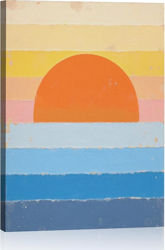 Boho Sun Framed Canvas Wall Art, Bohemian Sunrise Sunset on the Horizon Decor Wall Painting, Geometric Nature Art Picture Modern Decor for Home Living Room Bedroom Office, 11.4"x15"