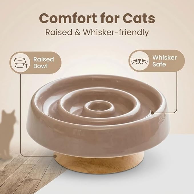 Ceramic Cat Slow Feeder, Raised Slow Feeder Cat Bowl, Anti Vomiting and Whisker Friendly Kitty Dish, Elevated Puppy Kitten Food Bowl for Dry and Wet Food (Brown)