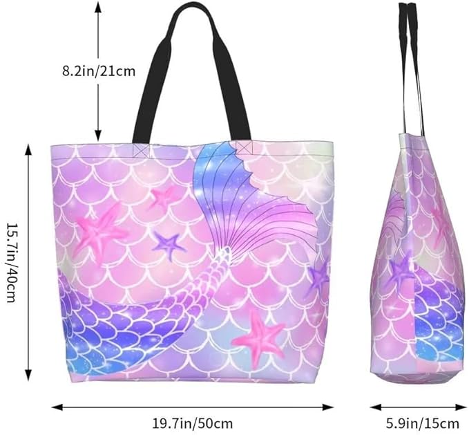 Pink Mermaid Gym Tote Bags for Women,Cute Ocean Mermaid Purse Print Shoulder Reusable Shopping Handbags Casual Travel Work Daily Waterproof Summer Grocery Bag Holiday Gifts -Large