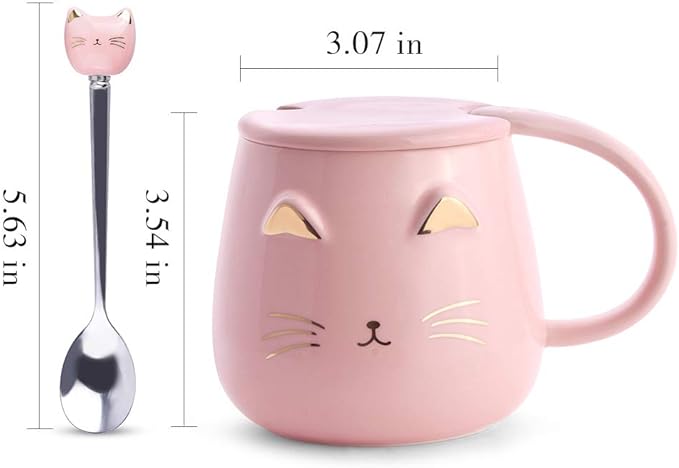Pink Cat Mug, Cute Kitty Ceramic Coffee Mug with Stainless Steel Spoon, Novelty Coffee Mug Cup for Cat Lovers Women Girls