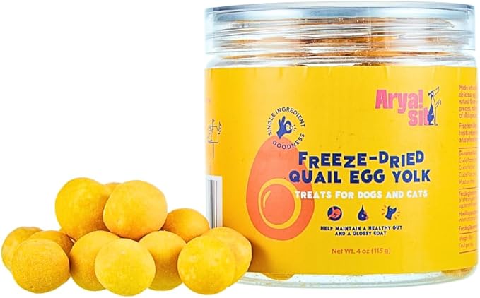 Arya Sit! - Freeze-Dried Single Ingredient Treat (Quail Egg Yolk) for Dogs and Cats - High Protein · Rich in Lecithin for Healthy Coat · No Artificial Ingredients · 4 oz/8 oz