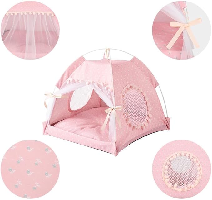Selena Cat Bed Tents Dog House Indoor Outdoor Lace Mesh Breathable Windows Door Curtains Removable Portable Nest Teepe House (Small,Pink(Flower))