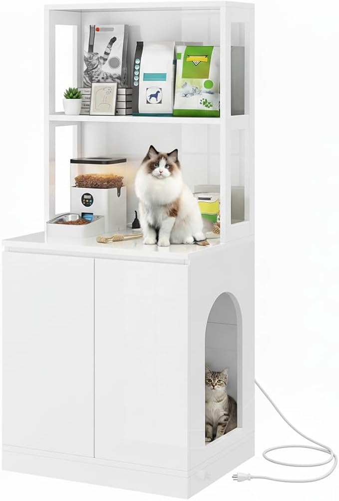 YITAHOME Large Cat Litter Box Furniture with Shelves and Charging Station, Hidden for Self-Cleaning Cats Litter Box Enclosure, Wooden Cat Cabinet for Smart Litter-Box Size, High-Gloss White