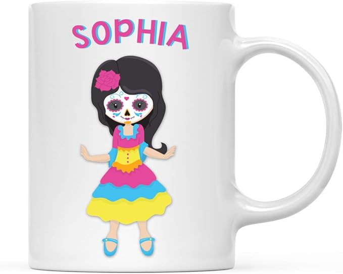 Andaz Press Personalized 11oz. Kids Hot Chocolate Mug, Mexican Day of the Dead Dia de Los Muertos Girl, 1-Pack, Custom Child’s Birthday Christmas Coffee Cup