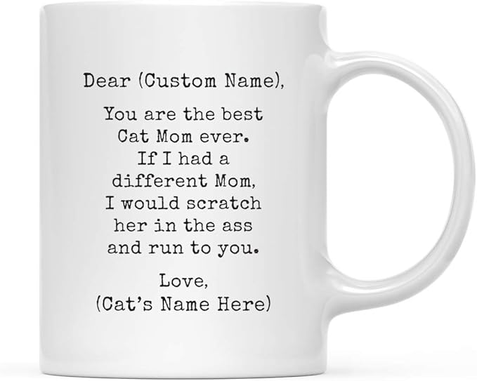 Andaz Press Personalized Funny Mom 11oz. Coffee Mug Gag Gift, Best Cat Mom, Scratch in Ass and Run to You, 1-Pack, Custom Cat Lover's Christmas Birthday Ideas, Includes Gift Box