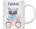 Andaz Press Personalized 11oz. Kids Milk Hot Chocolate Mug, Raccoon Pink Bicycle, 1-Pack, Custom Child’s Birthday Christmas Coffee Cup