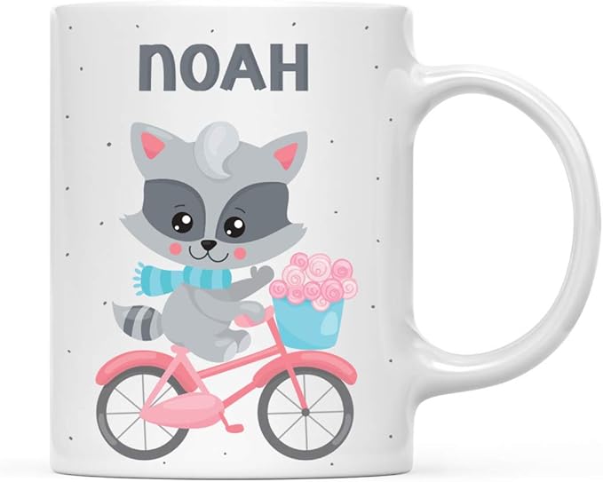 Andaz Press Personalized 11oz. Kids Milk Hot Chocolate Mug, Raccoon Pink Bicycle, 1-Pack, Custom Child’s Birthday Christmas Coffee Cup