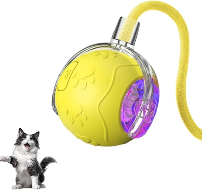 Interactive Cat Toy Balls, 2025 New Interactive Rolling Cat Balls, Upgrade 3.0 Tail Cat‘s Toys with LED Light, Three Modes Smart Automatic Rolling Pet Ball Toy (Yellow（Rope Style）)