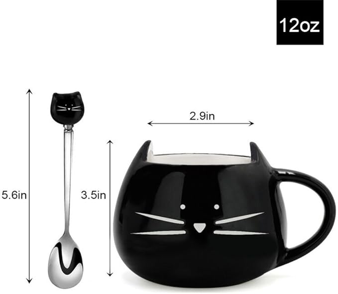 Koolkatkoo Cute Cat Mug Ceramic Coffee Mugs Set Gifts for Women Girls Cat Lovers Funny Small Cup with Spoon 12 oz Black and White