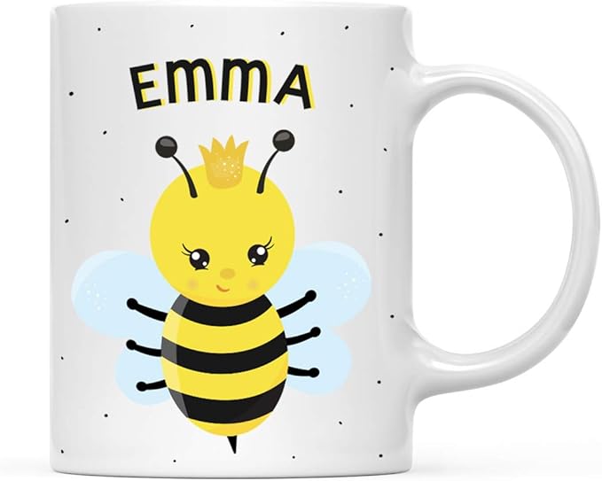 Andaz Press Personalized 11oz. Kids Milk Hot Chocolate Mug, Busy Princess Bee, 1-Pack, Custom Child’s Birthday Christmas Coffee Cup