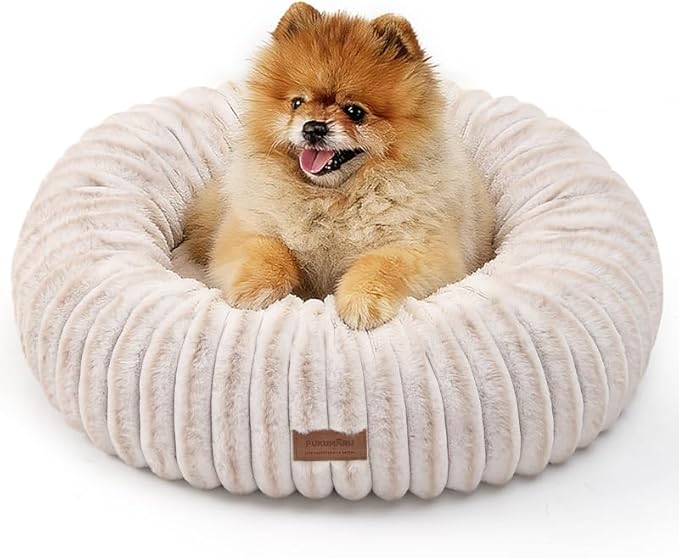 FUKUMARU Small Dog Bed, Gradient Color Donut Dog Beds for Anxious Puppies, 25 inches Calming Orthopedic Dog Beds, Round Pet Beds with Washable Cover, Cute Cat Bed for Indoor Cats, Camel