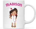 Andaz Press Personalized 11oz. Kids Milk Hot Chocolate Mug, Brown Haired Girl Nurse with Two Plaits, 1-Pack, Custom Child’s Birthday Christmas Coffee Cup
