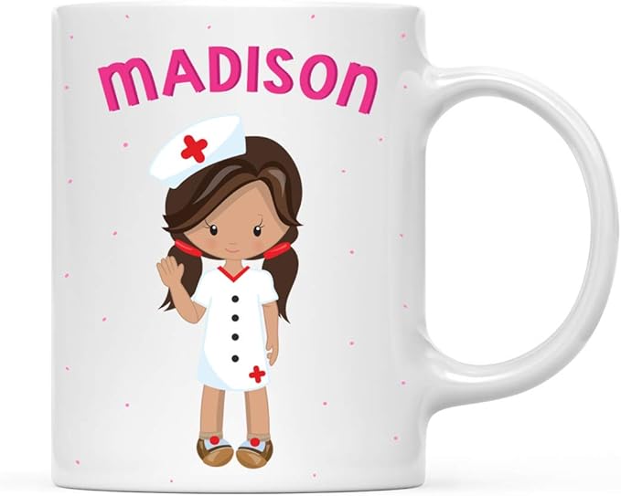 Andaz Press Personalized 11oz. Kids Milk Hot Chocolate Mug, Brown Haired Girl Nurse with Two Plaits, 1-Pack, Custom Child’s Birthday Christmas Coffee Cup