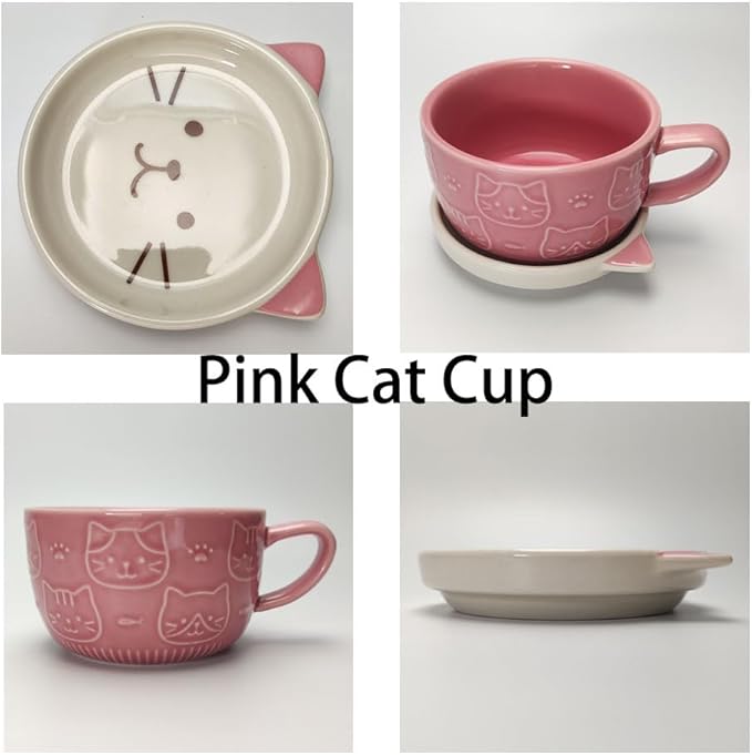 Ceramic Cute Cat Mug With Lid - Funny Novelty Cup for Cat Lovers, Tea and Dessert - Gift for Girls, Boys, Women on Christmas, Birthday (Pink)
