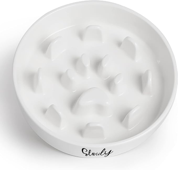 Slow Feeder Dog Bowls, Farmhouse Ceramic Fun Slow Eater Bowl for Medium Sized Dog, White