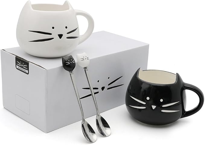 Koolkatkoo Cute Cat Mug Ceramic Coffee Mugs Set Gifts for Women Girls Cat Lovers Funny Small Cup with Spoon 12 oz Black and White