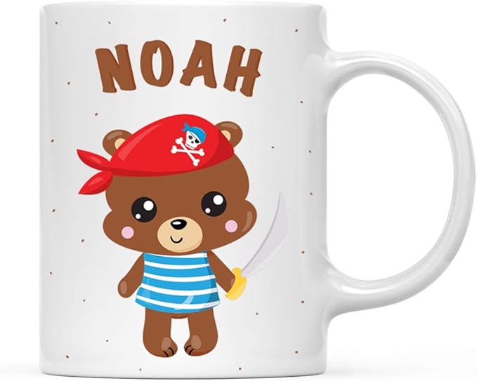 Andaz Press Personalized 11oz. Kids Milk Hot Chocolate Mug, Bear Pirate Red Scarf, 1-Pack, Custom Child’s Birthday Christmas Coffee Cup
