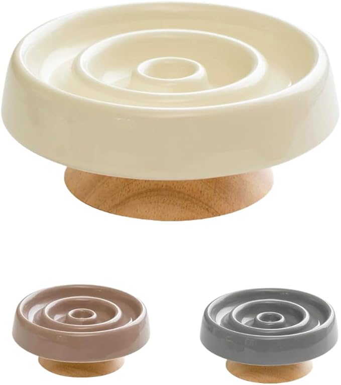 Ceramic Cat Slow Feeder, Raised Slow Feeder Cat Bowl, Anti Vomiting and Whisker Friendly Kitty Dish, Elevated Puppy Kitten Food Bowl for Dry and Wet Food (White)