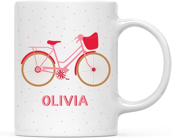 Andaz Press Personalized 11oz. Kids Hot Chocolate Mug, Pink and Red Bike, 1-Pack, Custom Child’s Bicycle Birthday Christmas Coffee Cup