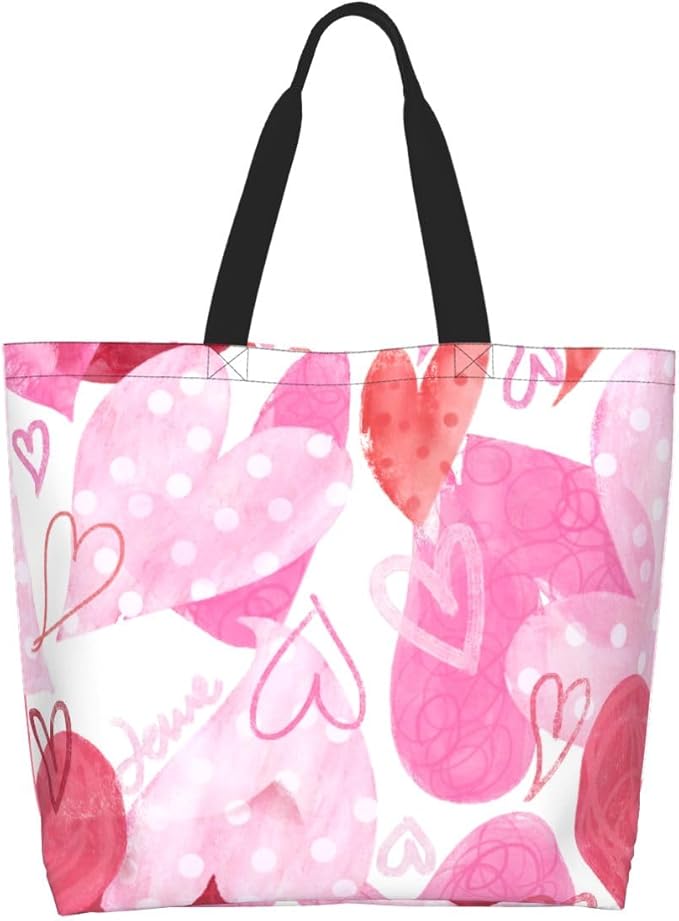 Pink Tote Bags for Women, Cute Pink Heart Print Purse, Reusable Shopping Handbags, Casual Travel Work Daily Waterproof Summer Grocery Shoulder Bag Holiday Gifts -Large