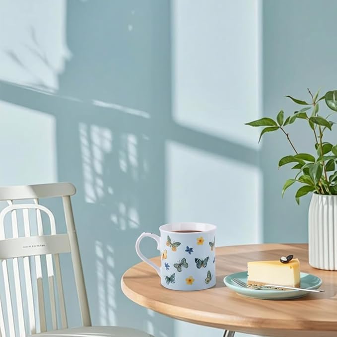 Colorful Butterfly & Floral Coffee Mug – 12 oz Premium New Bone China Blue Tea Cup, Elegant Ceramic Mug Gift for Women, Mom & Butterfly Lovers – Designed in England by Harvest Green Studio