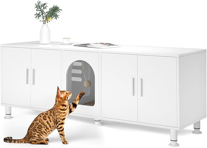 Double Litter Box Enclosure with Cat Scratch Mat & Motion Sensor Light, Wooden Litter Box TV Stand for 2 Litter Boxes & 2 Cats (White)