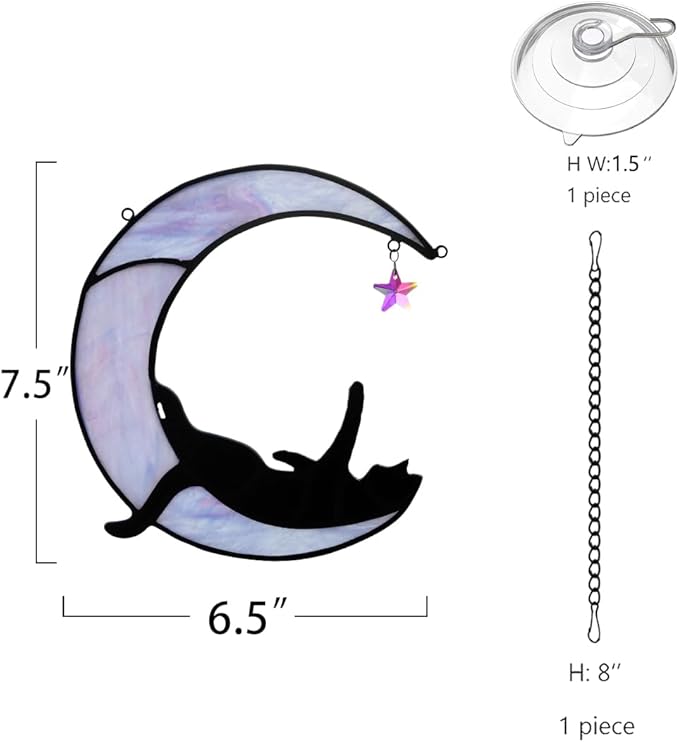 BOXCASA Black Cat Moon Suncatchers for Windows Hanging,Funny Stained Glass Cats Gift,Witchy Gifts for Women,Cats Themed Gifts for Women