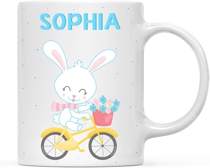 Andaz Press Personalized 11oz. Kids Milk Hot Chocolate Mug, Rabbit Yellow Bicycle, 1-Pack, Custom Child’s Birthday Christmas Coffee Cup