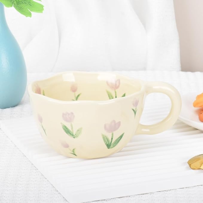 Cute Coffee Mug,Ceramic Tea cup,Kawaii coffee mugs,Handmade Creative Flower Pink mug with Spoon,Aesthetic mugs for milk Cappuccino Cocoa,8.5 oz Cheery Mug Gift for Women Christmas (Purple)