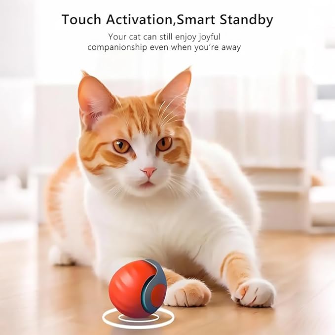 Automatic Cat Ball Toy with 2 Feather Tails - Rechargeable Interactive Cat Toys, 2-Speed Motion Activated Roller for Indoor Cats to Relieve Boredom (Small/Medium/Large Cats) (Orange)