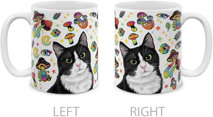 MUGBREW Cute Black White Tuxedo Cat On Rainbow Mushrooms Ceramic Coffee Mug Tea Cup, 11 OZ