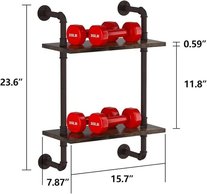 Helsin 2 Tier Industrial Pipe Floating Bathroom Shelves, 16inch Rustic Wood Wall Mounted Shelf, Storage Rack Sundries Holder for Kitchen Office Bathroom Organization & Home Décor