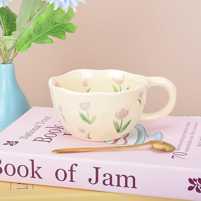 Cute Coffee Mug,Ceramic Tea cup,Kawaii coffee mugs,Handmade Creative Flower Pink mug with Spoon,Aesthetic mugs for milk Cappuccino Cocoa,8.5 oz Cheery Mug Gift for Women Christmas (Purple)