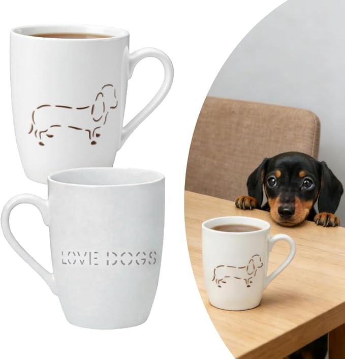 Lily's Home Ceramic Coffee Mug with Hollowed Dog Pattern-13.5 oz, Set of 2-White Porcelain-Microwave & Dishwasher Safe-Dog Lover Coffee Mug for Coffee, Tea, Cappuccino-Housewarming Gift