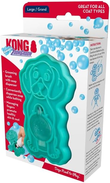 KONG ZoomGroom Bubbles Dog Brush - Soap Dispensing, Massaging and Gooming Brush for Dogs, Removes Shedding Hair - Works on All Coat Types and Lengths