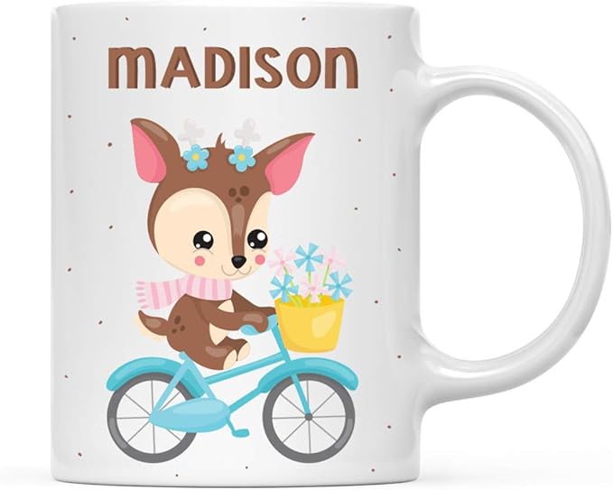 Andaz Press Personalized 11oz. Kids Milk Hot Chocolate Mug, Deer Blue Bicycle, 1-Pack, Custom Child’s Birthday Christmas Coffee Cup
