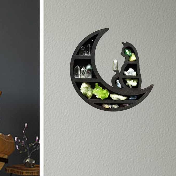 Cat on The Moon Wooden Shelf for Crystals, Moon Crystal Shelf Jewelry Holder, Floating Shelves Essential Oil Shelfes for Living Room, Dinning Room, Bed Room(Color:Black)