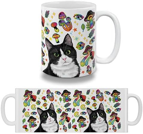 MUGBREW Cute Black White Tuxedo Cat On Rainbow Mushrooms Ceramic Coffee Mug Tea Cup, 11 OZ