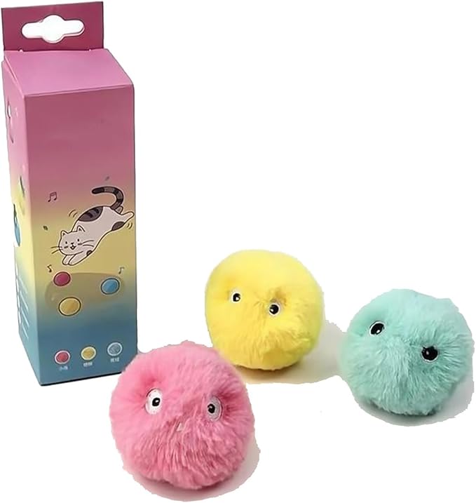 Cat Toys Balls Interactive Cat Toy Simulating Animal Chirp with Birds Frogs or Crickets Chirping Automatic Cat Toys for Indoor Cats (3 Pcs, Plush Ball)