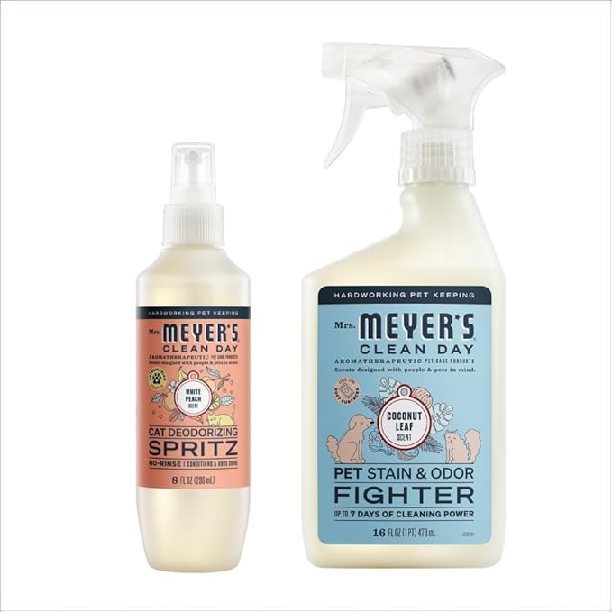 Mrs. MEYER'S Clean Day Cat Care Kit, includes Cat Deodorizing Spritz - White Peach and Pet Stain & Odor Fighter - Coconut Leaf