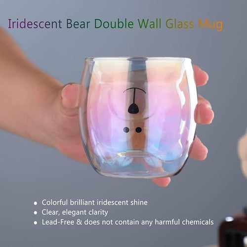 Binoster Cute Mugs Double Wall Glass Coffee Glass Cup Kawaii Bear Tea Milk Cup Funny Mug Animal Mug Aesthetic Cup for Office and Personal Birthday Gift (Iridescent Bear)