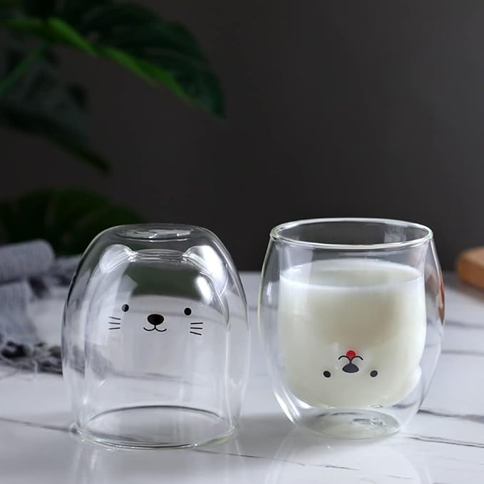 Binoster Dog Mug Cute Mugs Glass Double Wall Insulated Glass Espresso Cup, Coffee Cup, Tea Cup, Milk Cup,Kawaii Gift for Office and Personal Birthday Christmas (Happy Dog)