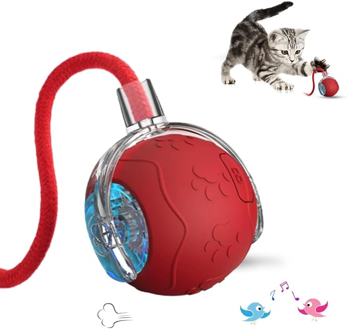 Interactive Cat Toy Balls, 2025 New Interactive Rolling Cat Balls, Upgrade 3.0 Tail Cat‘s Toys with LED Light, Three Modes Smart Automatic Rolling Pet Ball Toy (RED（Rope Style）)