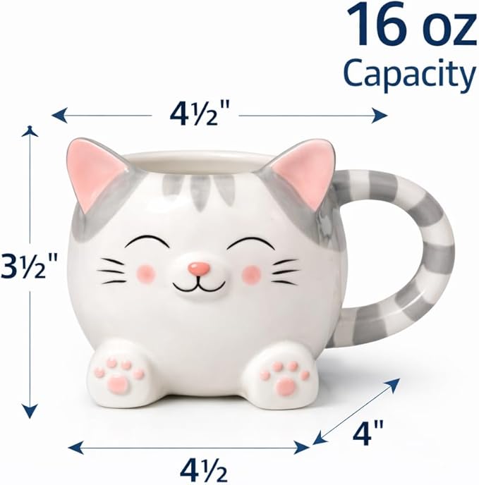 Cute Cat Coffee Mug – 16oz Ceramic Animal Mug, Handmade Gift for Cat Lovers, Cute Kawaii Coffee & Tea Cup – Gray Tabby