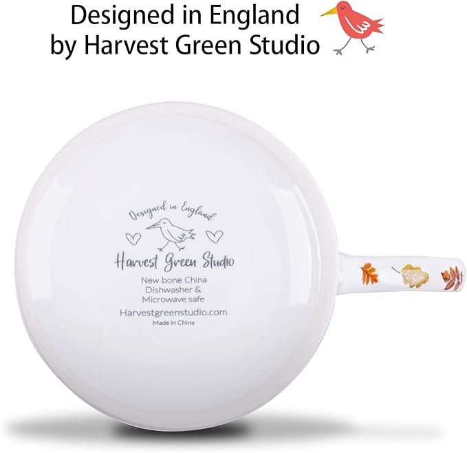 Autumn Animals Coffee Mug, 12 oz New Bone China Mug with Bird, Hedgehog, Owl & Pumpkin Design, Halloween & Fall Seasonal Ceramic Tea Mug, Nature Lover Gift, Designed in England by Harvest Green Studio