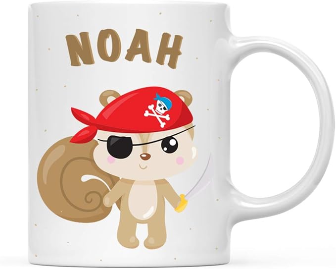 Andaz Press Personalized 11oz. Kids Milk Hot Chocolate Mug, Squirrel Pirate Red Scarf, 1-Pack, Custom Child’s Birthday Christmas Coffee Cup