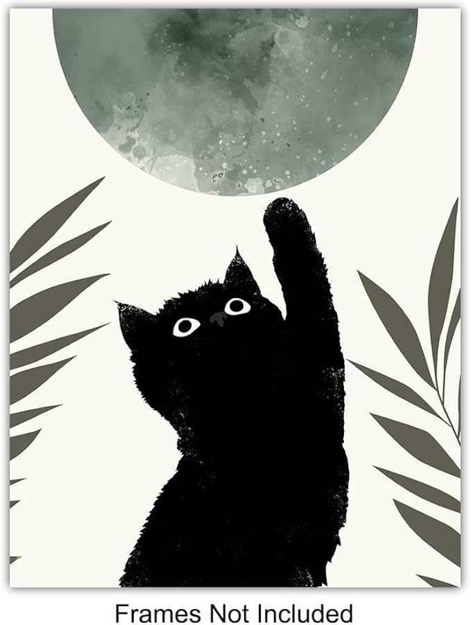 Black Cat Wall Art Prints - Boho Room Decor - Mid-century modern Scandinavian Wall Art - Abstract Minimalist Decor Aesthetic - Cute Cat Green Wall Decor - Cat Lover Gifts for Women, Home Decor Set