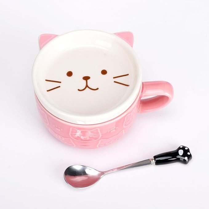 Cute Cat Coffee Mug with Lid,Animal Tea Cup with Saucer Set,Kawaii Ceramic Mugs with Biscuit Holder and Spoon,Gifts for Women,Teacher,Friend,for Mothers Day,Easter,Christmas (Pink Cat)