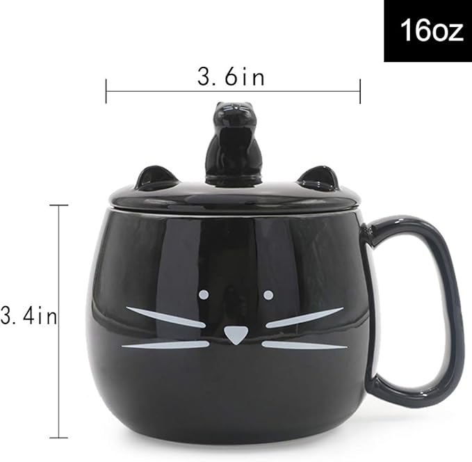 Koolkatkoo 16OZ Cute Cat Coffee Mug with Cell Phone Holder Lid for Cat Lover Unique Ceramic Black Mugs Tea Cup Gift for Women