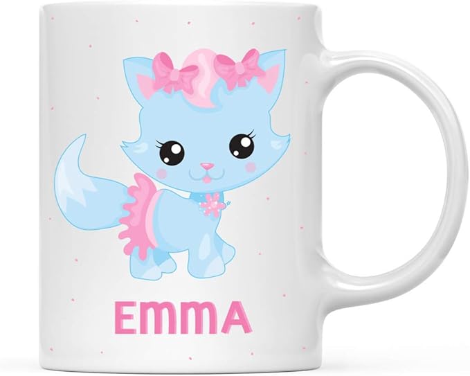 Andaz Press Personalized 11oz. Kids Milk Hot Chocolate Mug, Blue Cat with Pink Bow, 1-Pack, Custom Child’s Birthday Christmas Coffee Cup